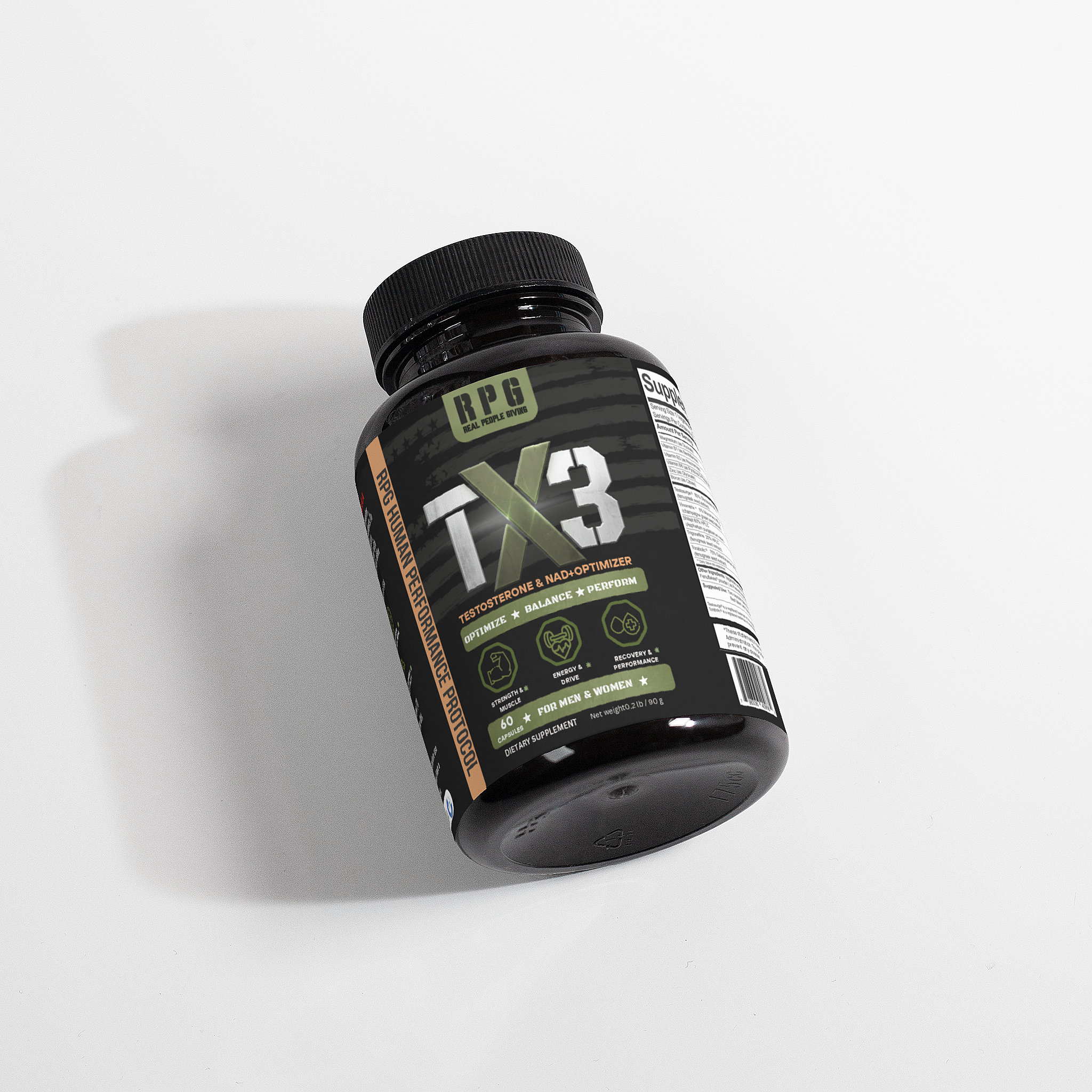 TX3 supplement bottle angled view showing premium design
